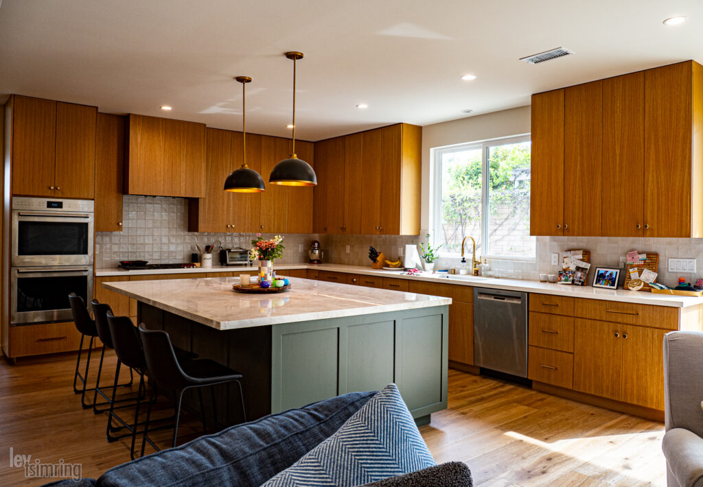 kitchen remodel white oak cabinets green island san diego